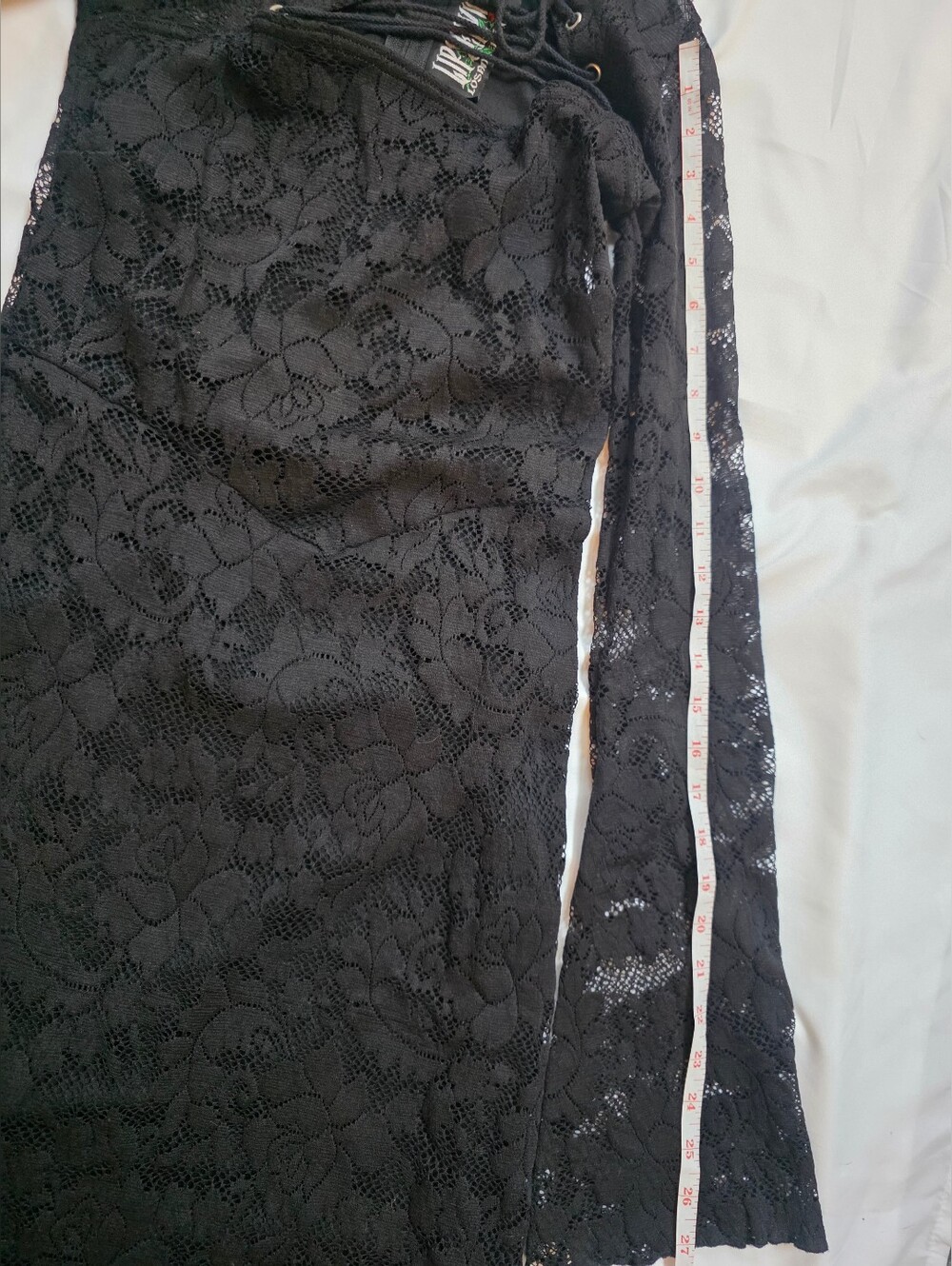 Vintage Lip Service Black Lace Goth Maxi Dress Lace-Up Front Bell Sleeve Size L - Picture 12 of 13